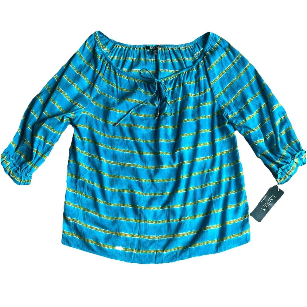 Lauren Ralph Lauren Turquoise Stripe Crinkled Cotton Peasant Top Med Sheer NWT